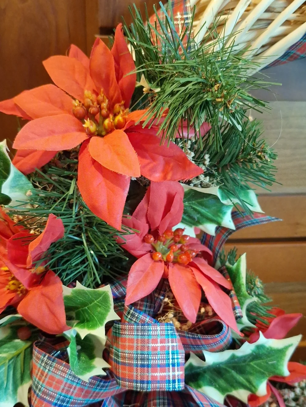 Handmade Grapevine Holiday Poinsettia Wreath with Plaid Bow - Red